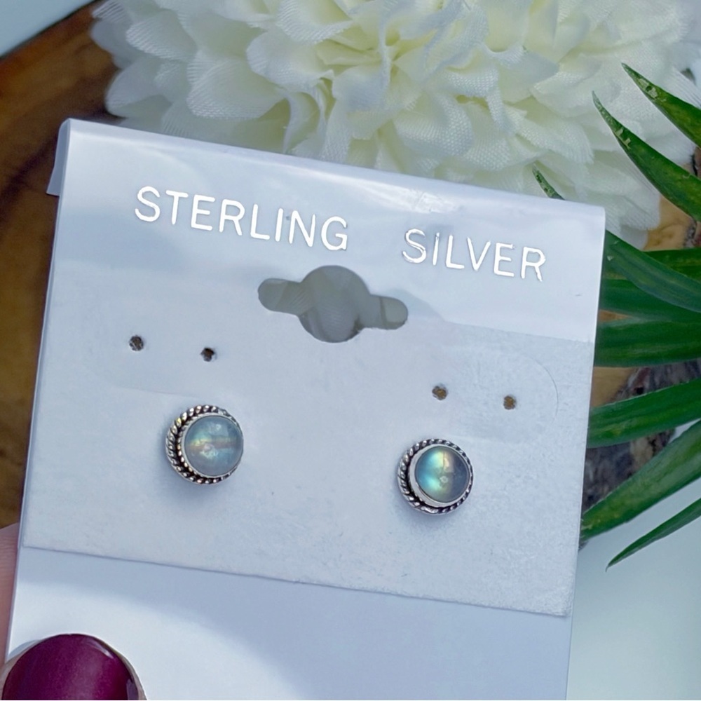 Pure Sterling Silver 925 Rainbow Moonstone Stud Earrings Southwest Blue Yellow - Picture 2 of 7